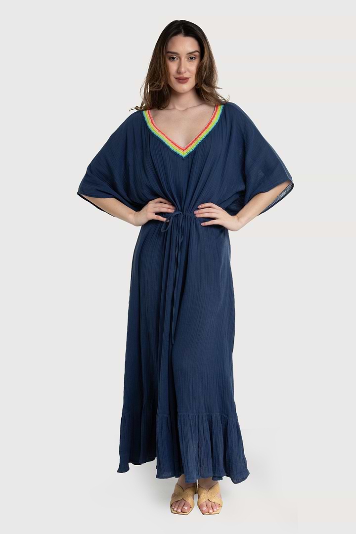 Crochet Rainbow Kaftan Maxi - Navy