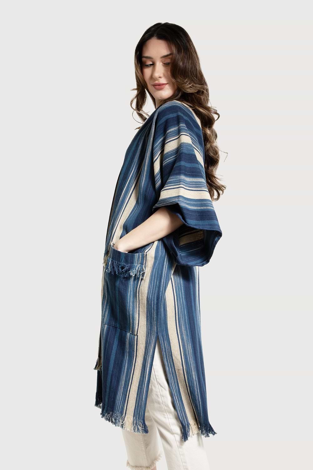 Striped Cotton Fringe Kimono - Steel Blue