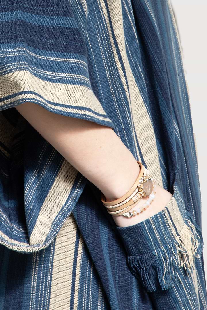 Striped Cotton Fringe Kimono - Steel Blue