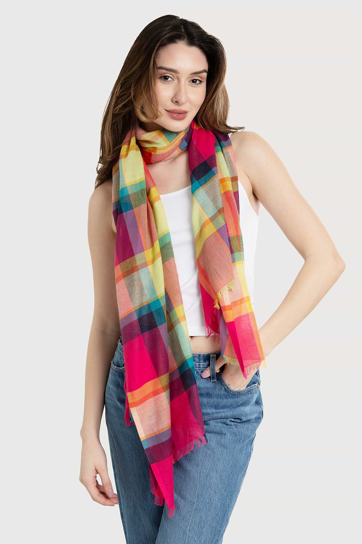 Rainbow Plaid Cotton Scarf - Fuchsia