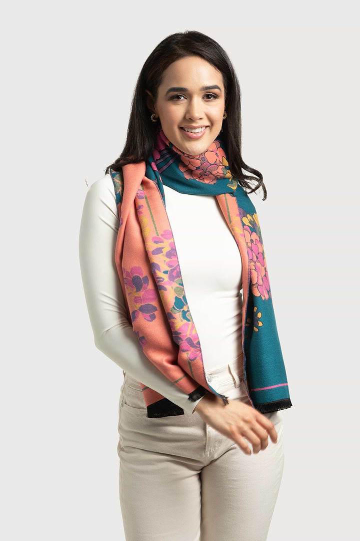 Two Tone Floral Reversible Scarf - Teal