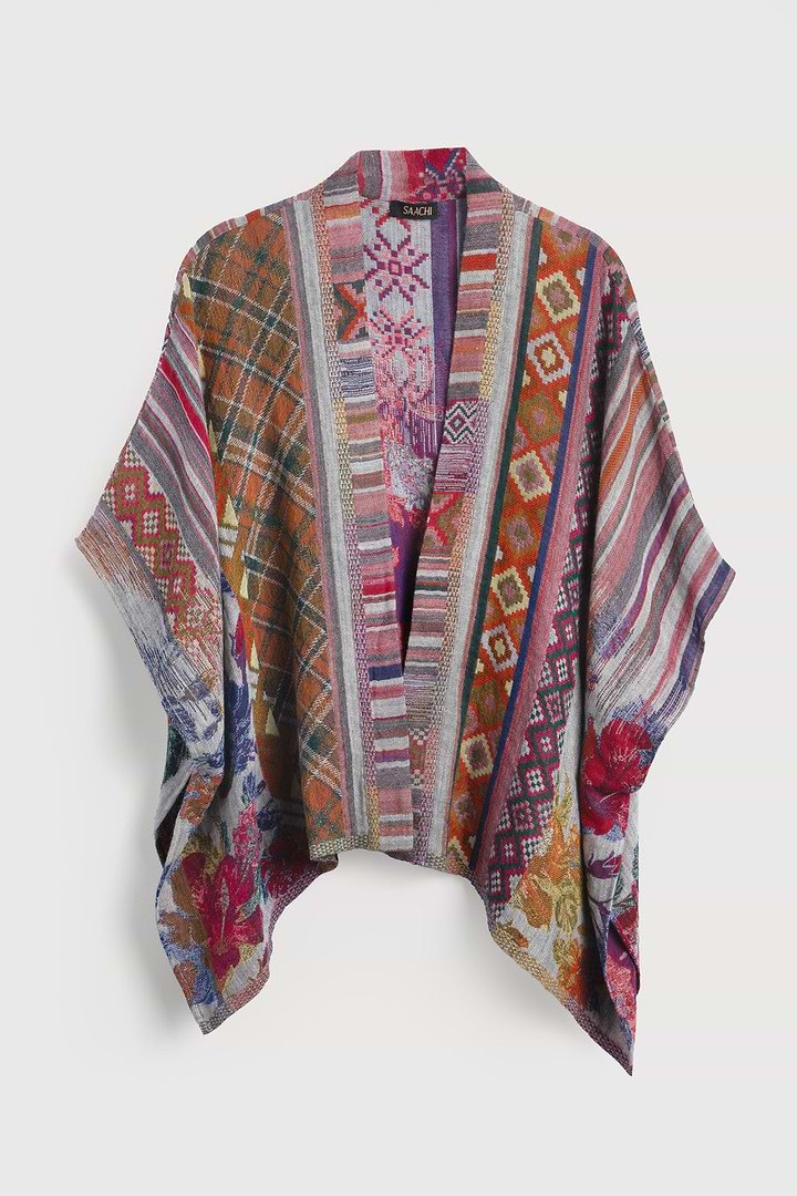 Floral Geometric Short Open Poncho - Dark Multi