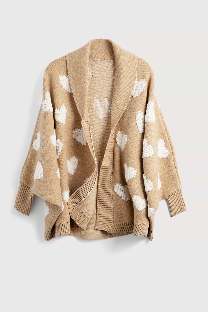 Heart Cardigan Ribbed Knit - Beige