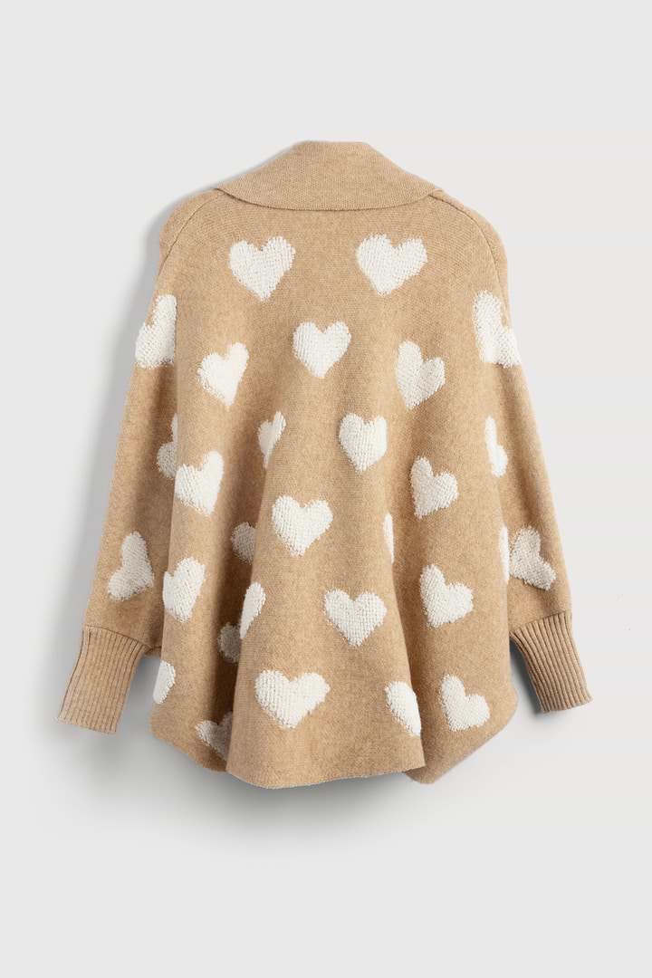 Heart Cardigan Ribbed Knit - Beige