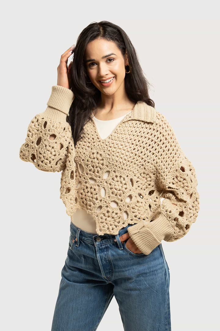 Floral Crochet Pullover Sweater - Beige