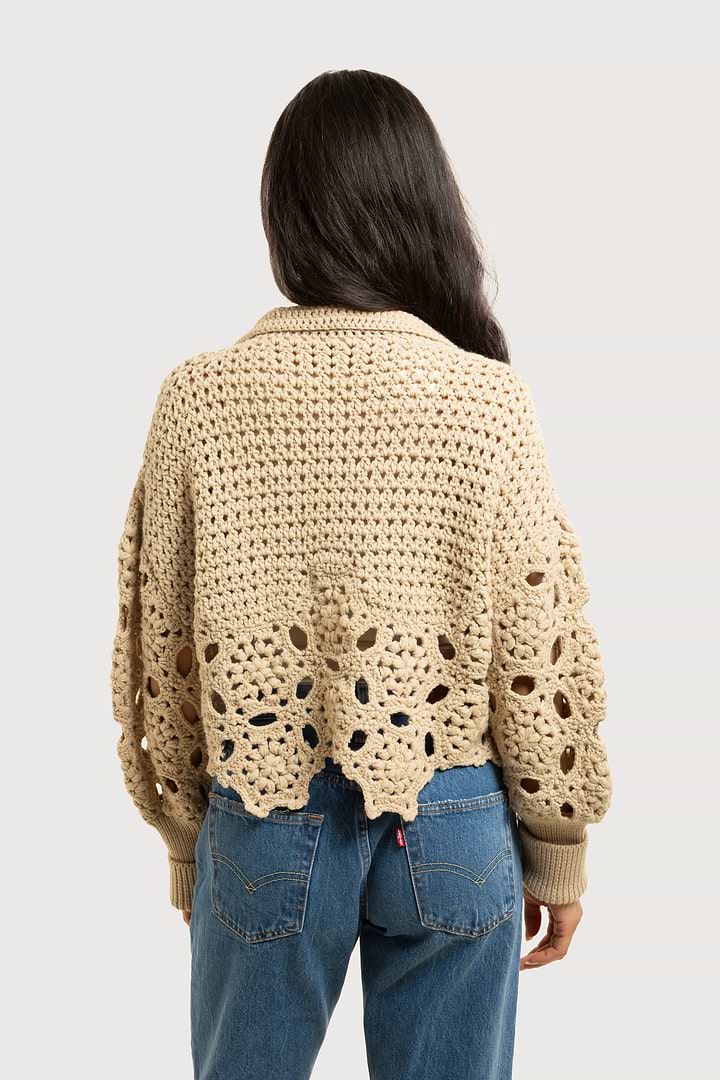 Floral Crochet Pullover Sweater - Beige