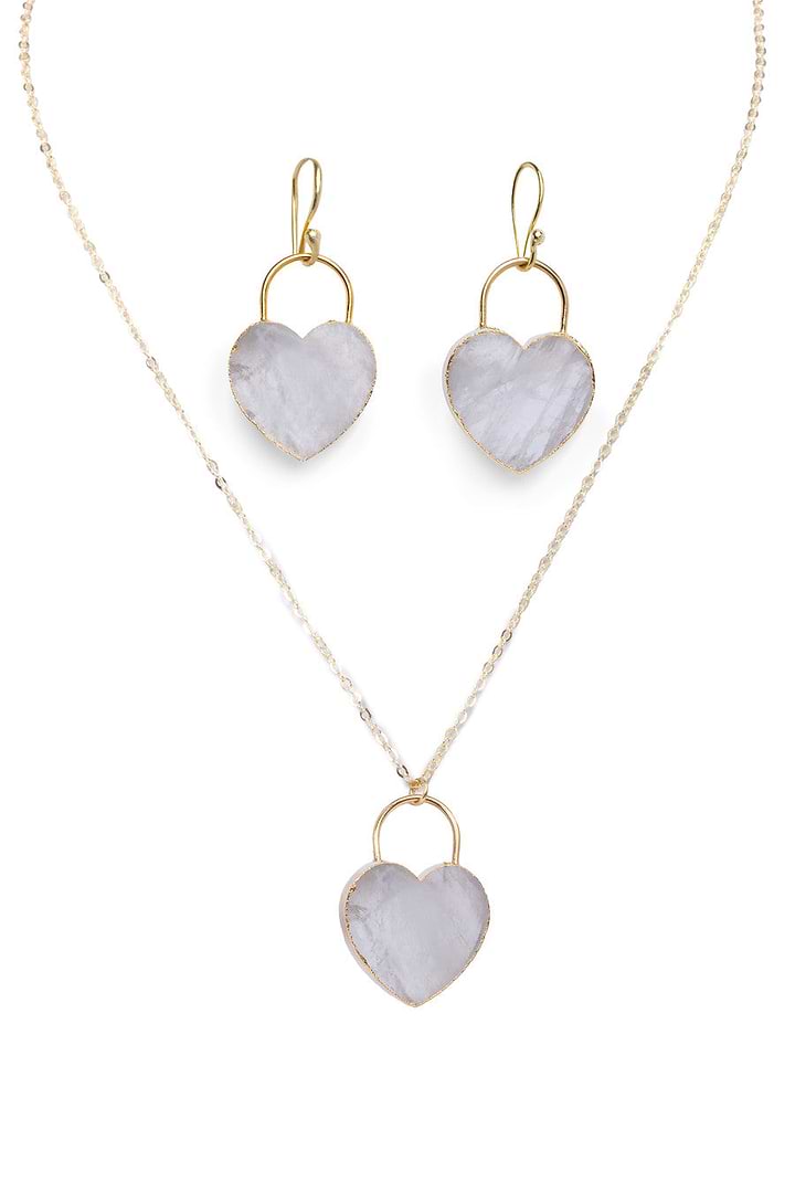 Heart Stone Earrings And Necklace Set - White