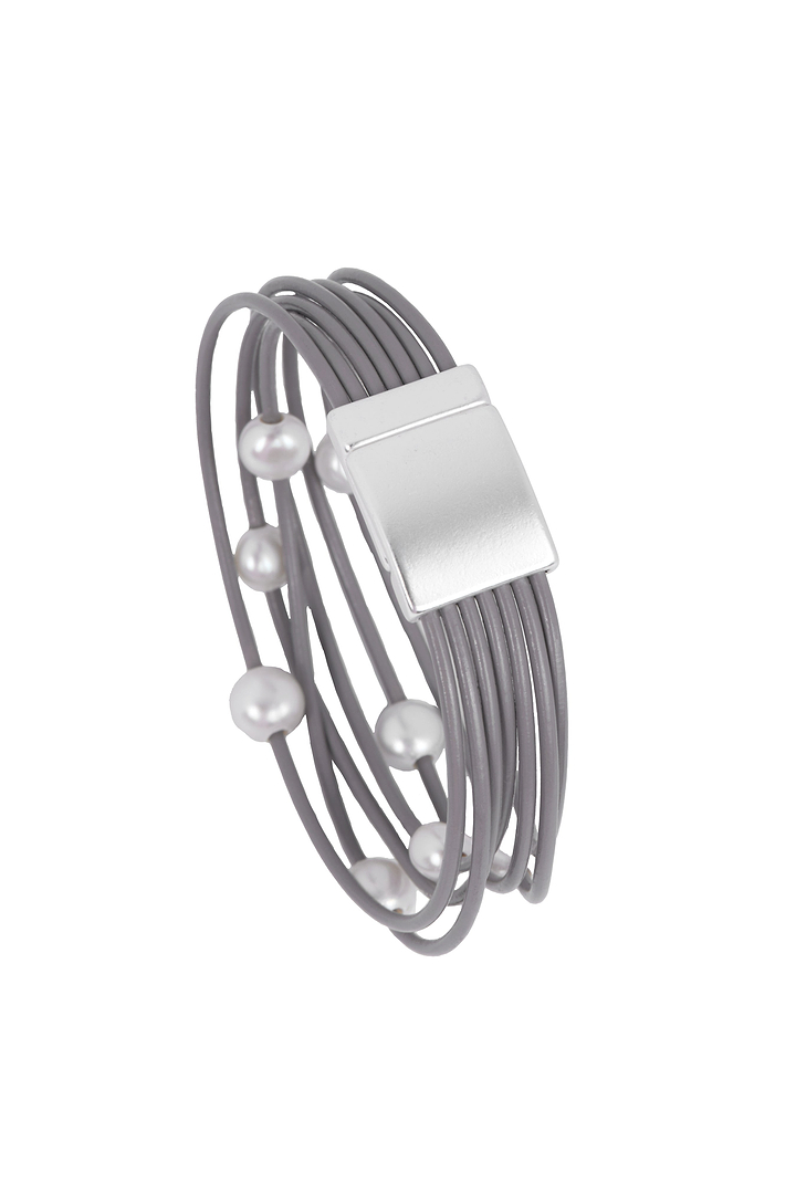 Multi Strand Leather Pearl Bracelet - Light Gray