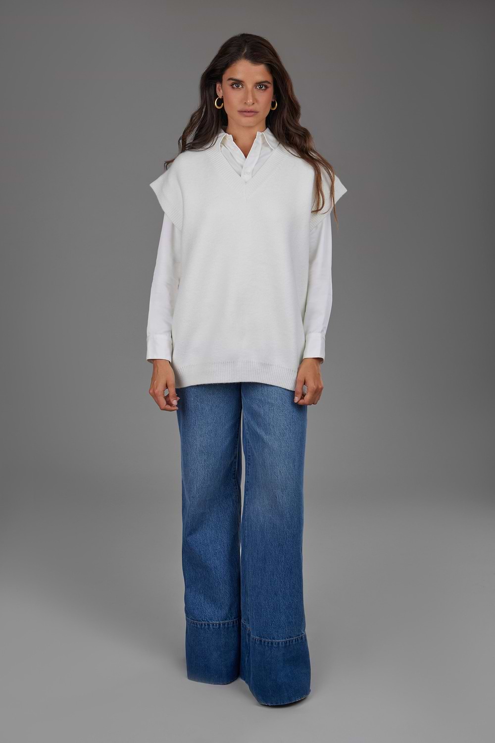 Cotton V Neck Sweater Vest White - White