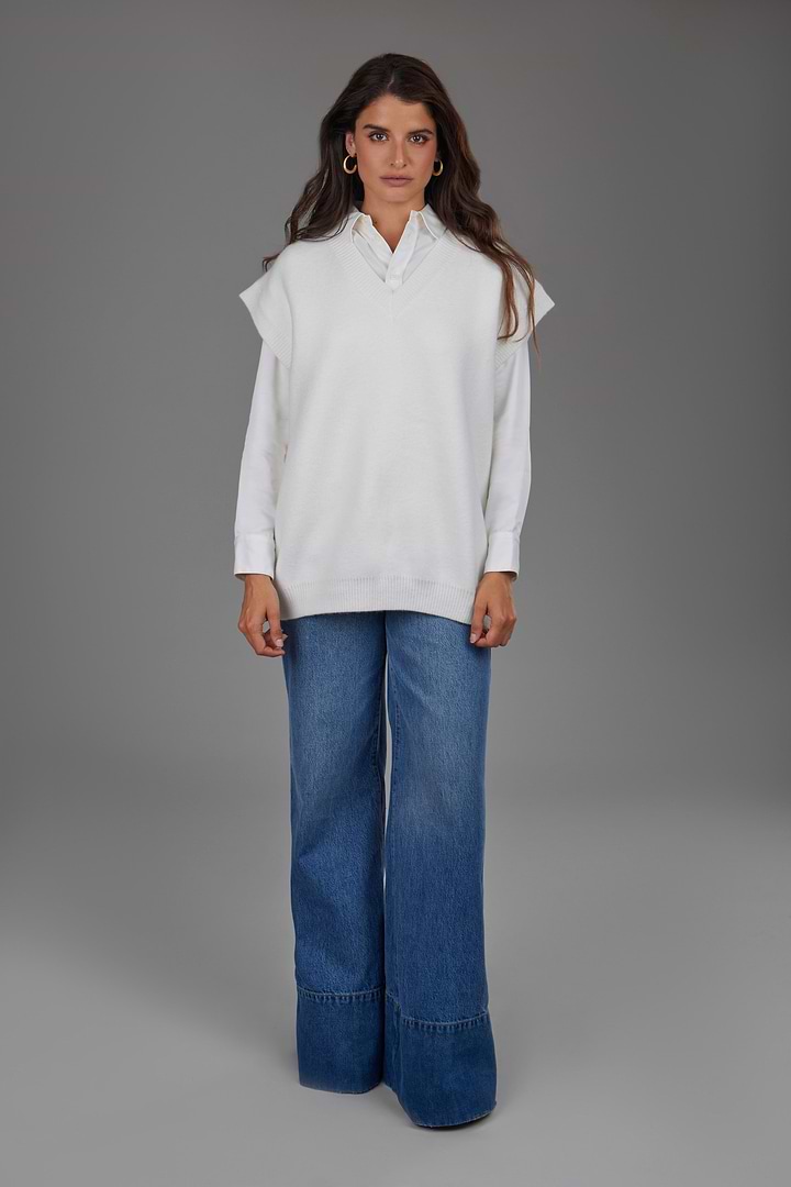Cotton V Neck Sweater Vest White - White