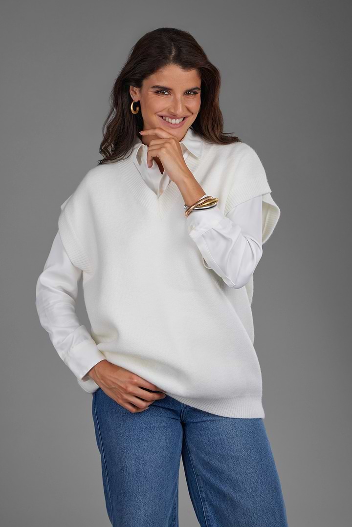 Cotton V Neck Sweater Vest White - White