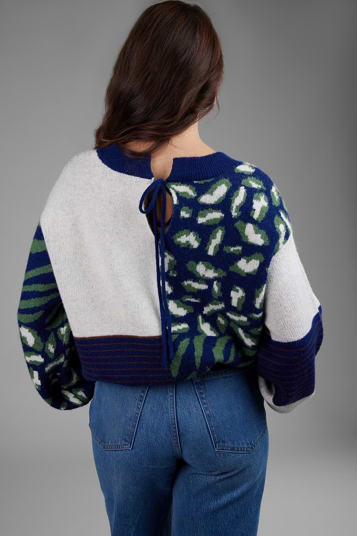 Multi Patterned Tie-Back Cardigan - Ivory Blue