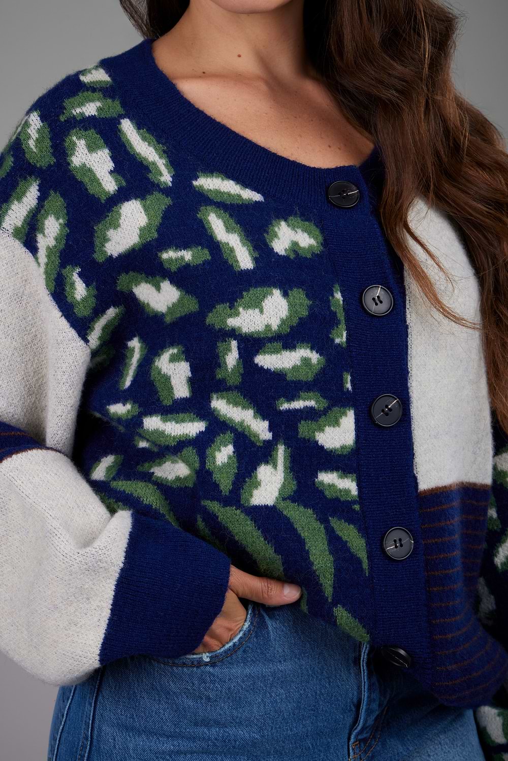 Multi Patterned Tie-Back Cardigan - Ivory Blue
