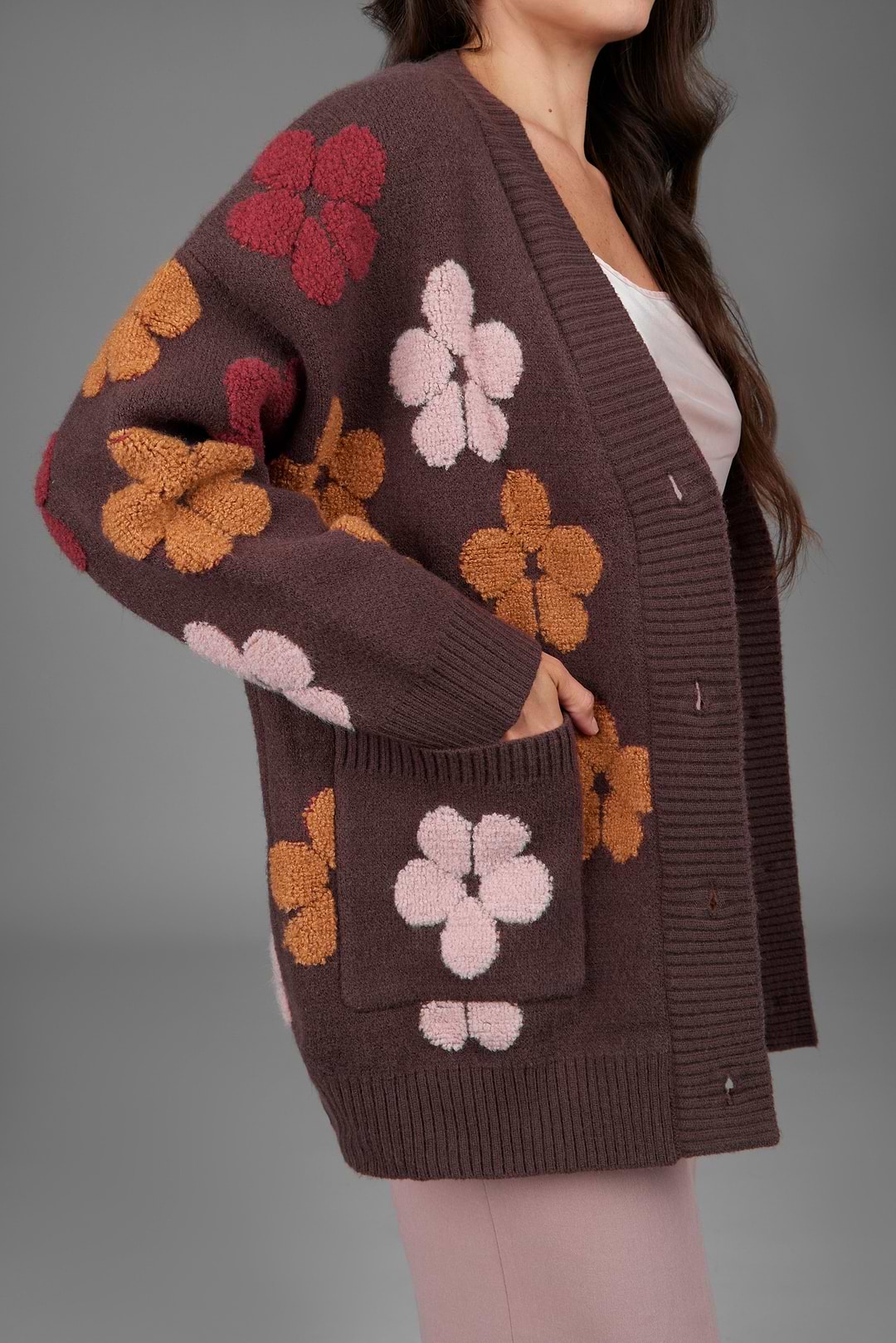 Floral Knit Cardigan In Brown - Brown