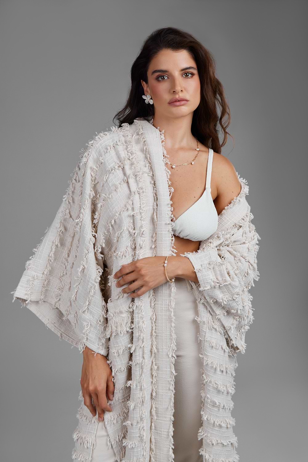 Ivory Fringe Long Jacket - Ivory