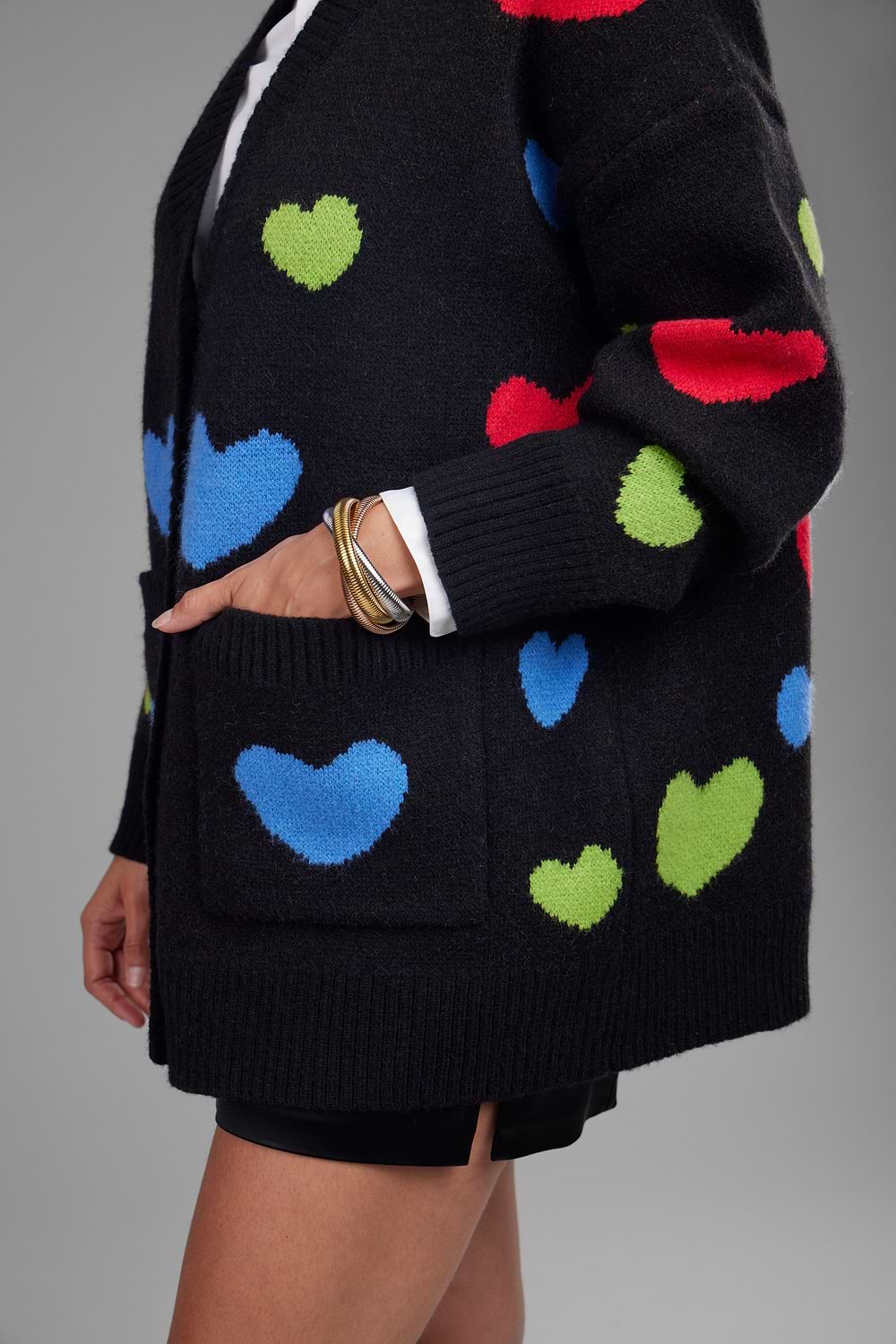 Multicolored Heart Buttoned Cardigan - Black