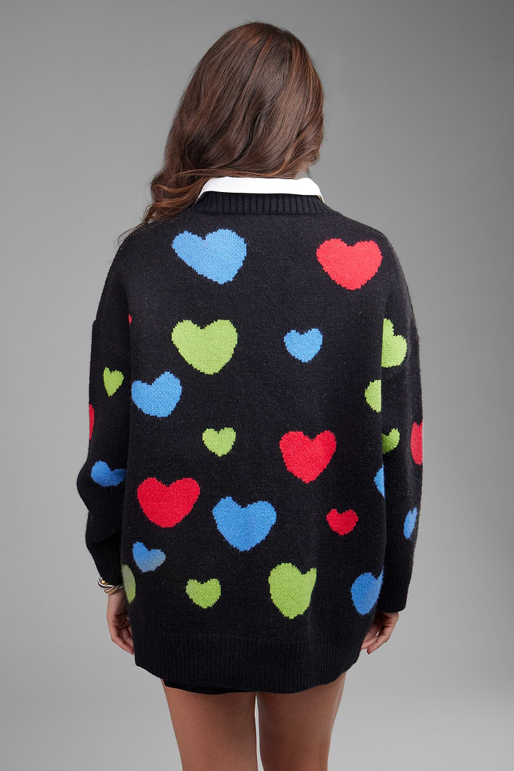 Multicolored Heart Buttoned Cardigan - Black