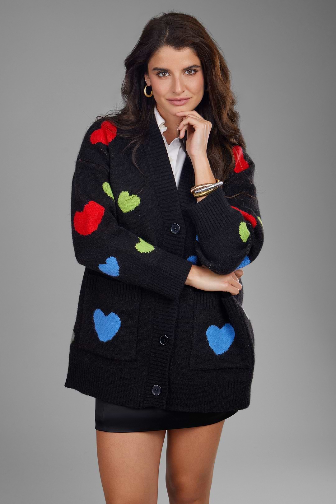 Multicolored Heart Buttoned Cardigan - Black