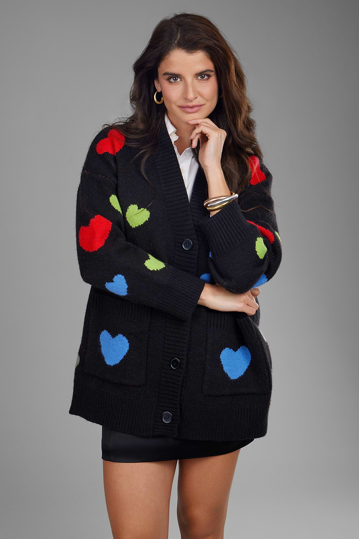 Multicolored Heart Buttoned Cardigan - Black