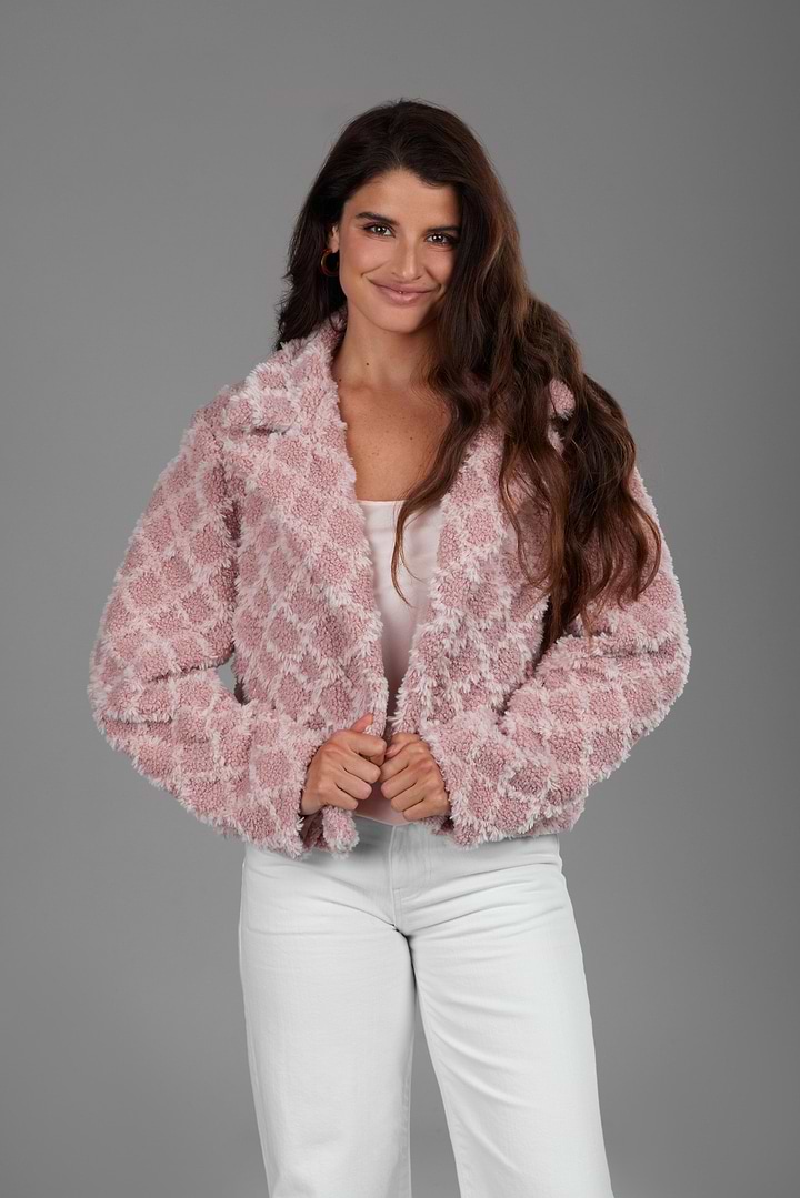 Diamond Patterned Collared Short Jacket - Blush