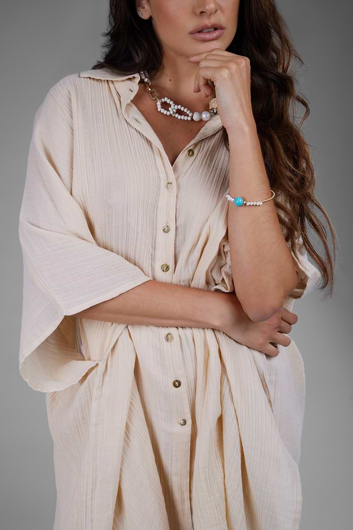 Oversized Textured Cotton Shirt - Beige