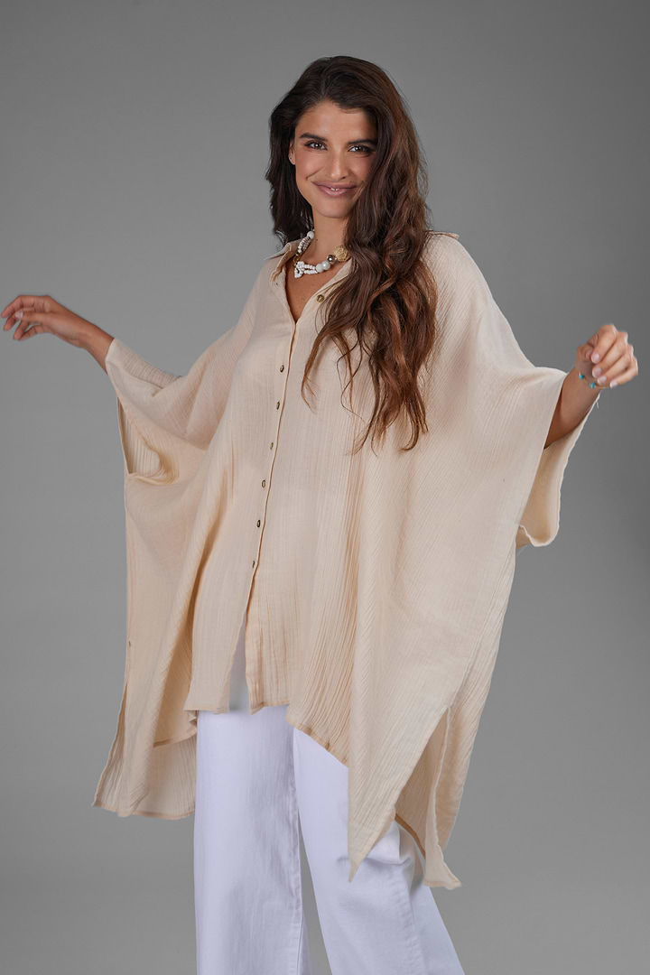 Oversized Textured Cotton Shirt - Beige