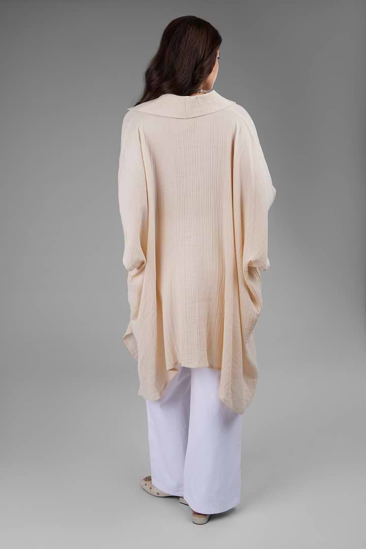 Oversized Textured Cotton Shirt - Beige