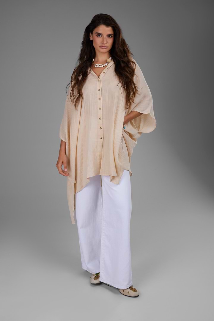 Oversized Textured Cotton Shirt - Beige