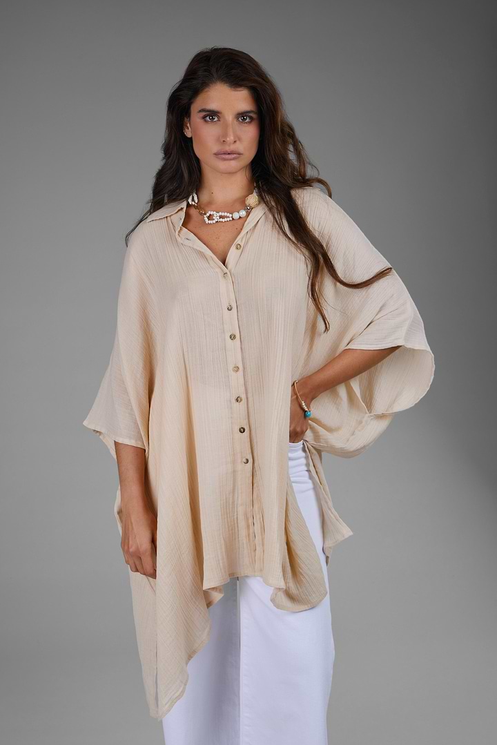 Oversized Textured Cotton Shirt - Beige