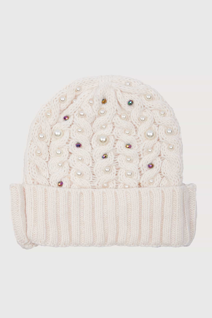 Pearl Cable Knit Beanie - Beige