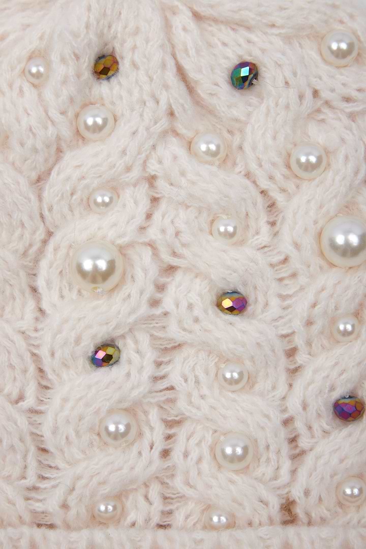 Pearl Cable Knit Beanie - Beige