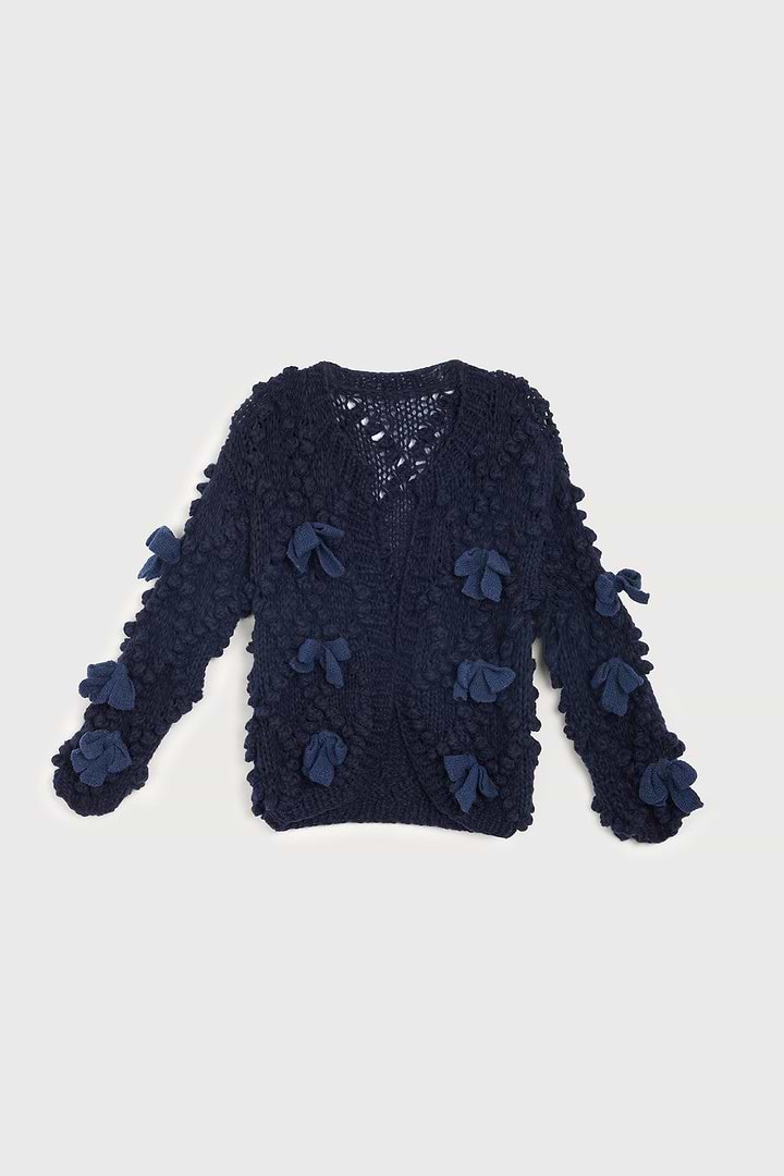 Textured  Bow Cardigan Sweater - Navy