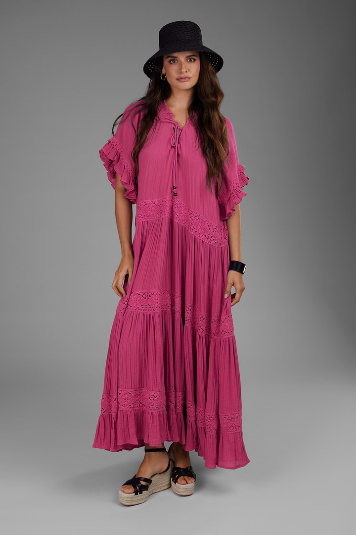 Cotton Long Kaftan Dress - Magenta