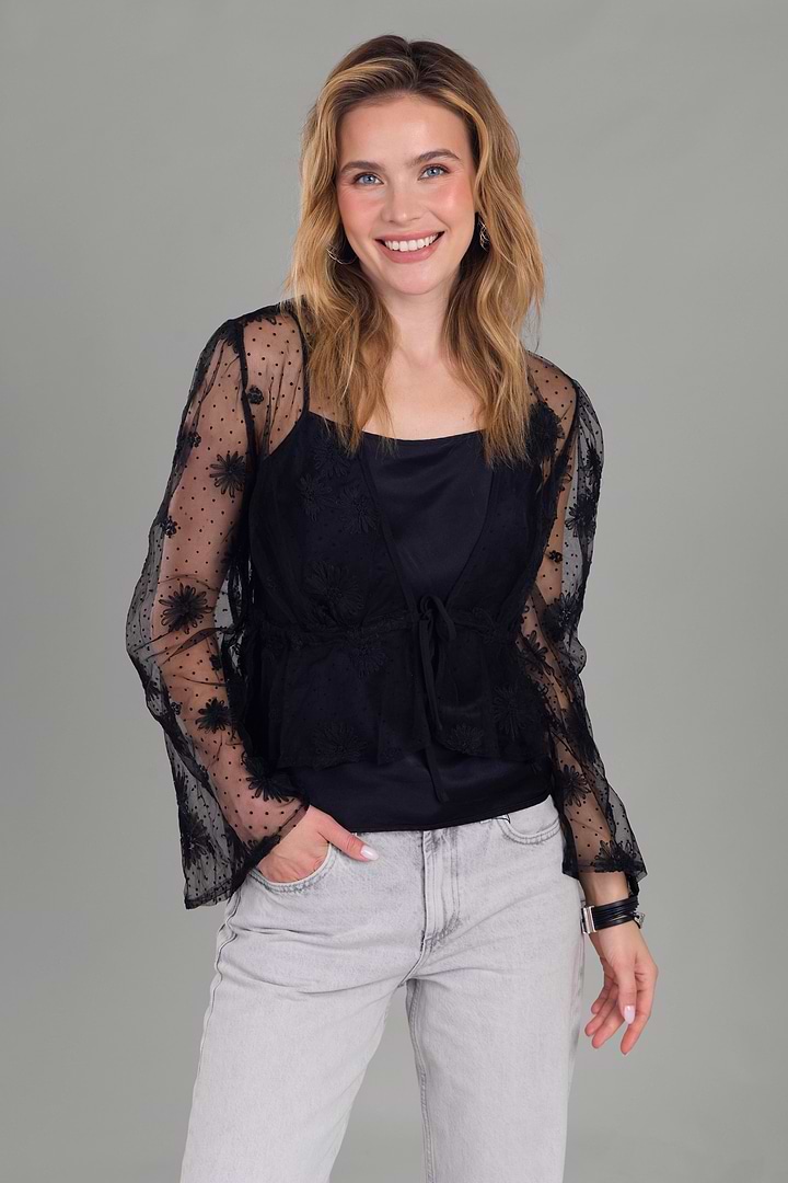 Floral Mesh Tie Top - Black