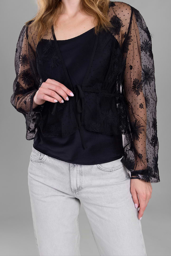Floral Mesh Tie Top - Black