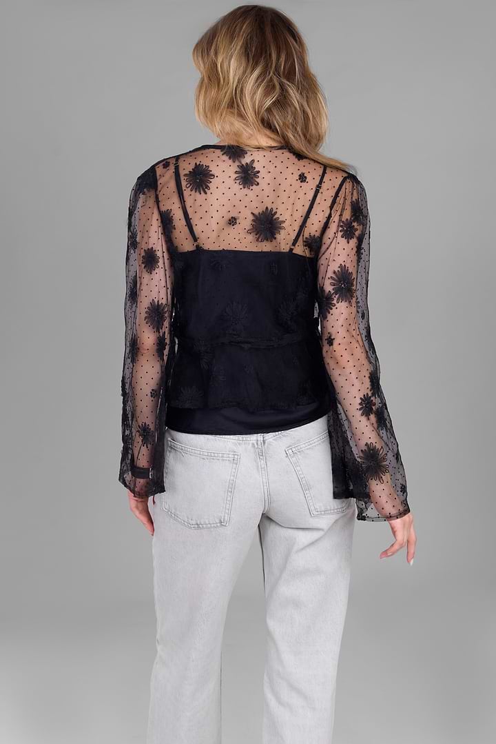 Floral Mesh Tie Top - Black