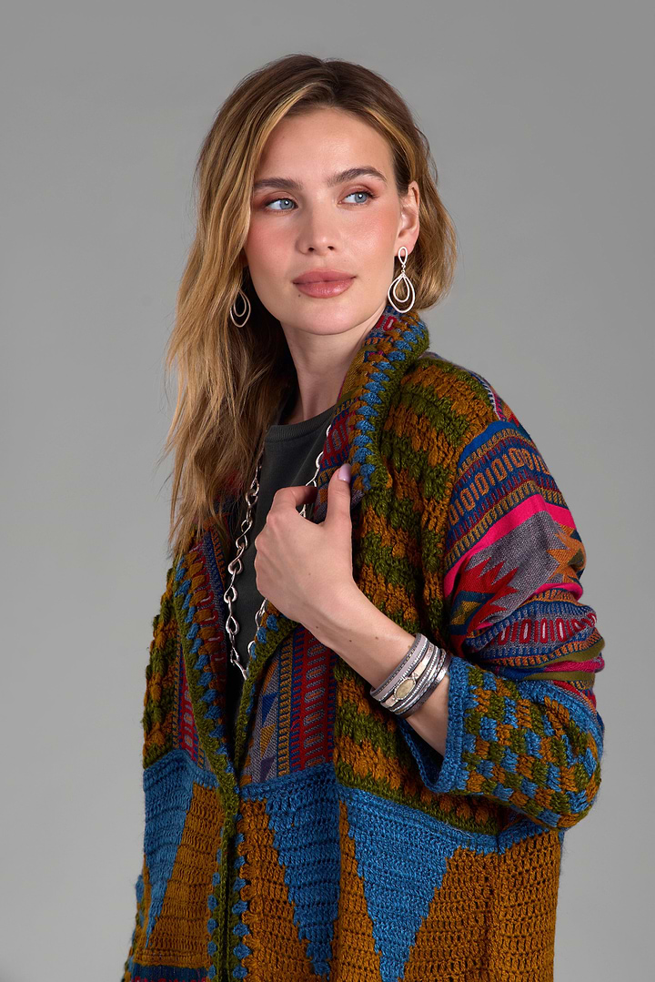 Crochet Woven Aztec Kimono - Dark Multi