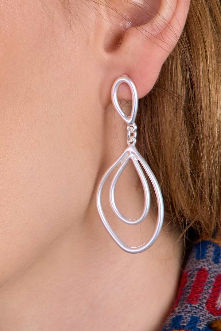 Open Double Oval Abstract Dangle Earrings - Silver