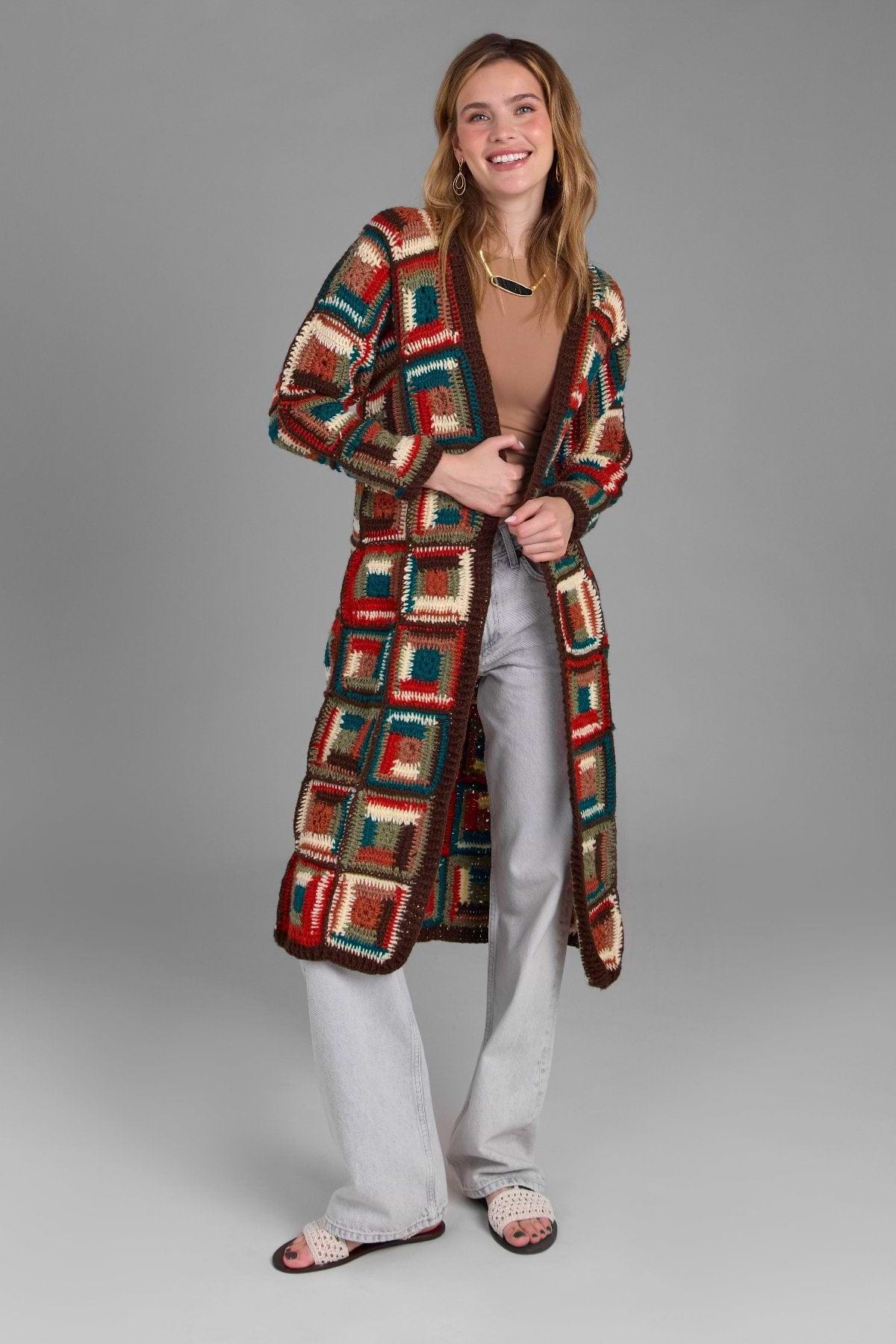 Crochet Long Cardigan Marrakesh Jacket - Brown