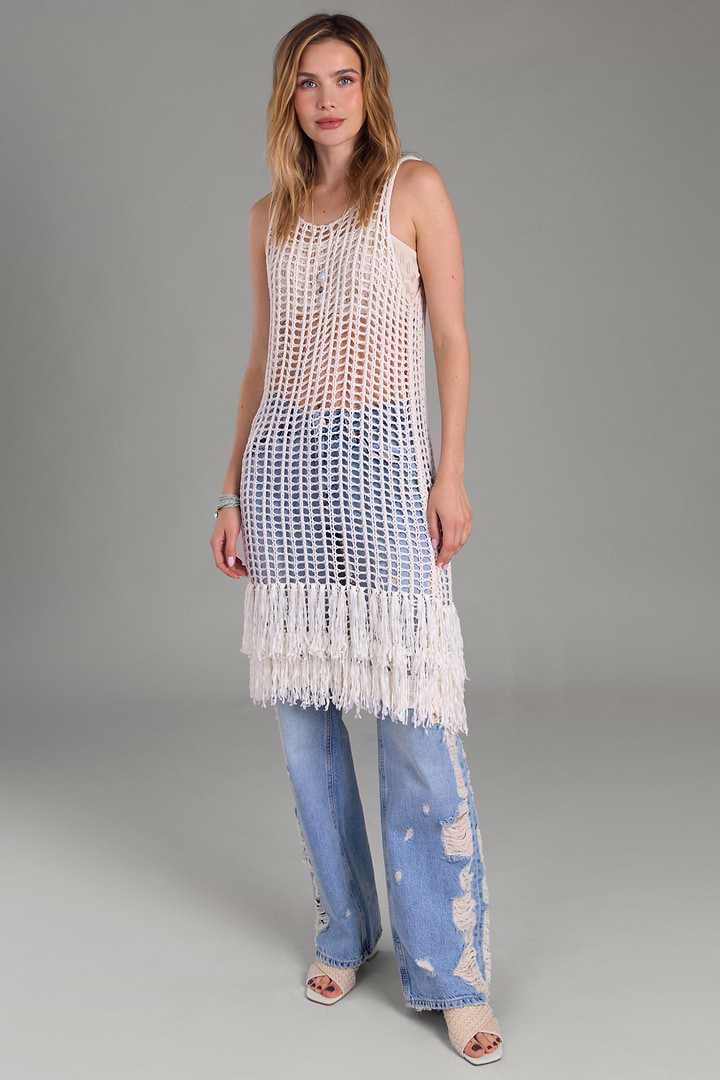 Open Knit Fringe Cover Up Beige