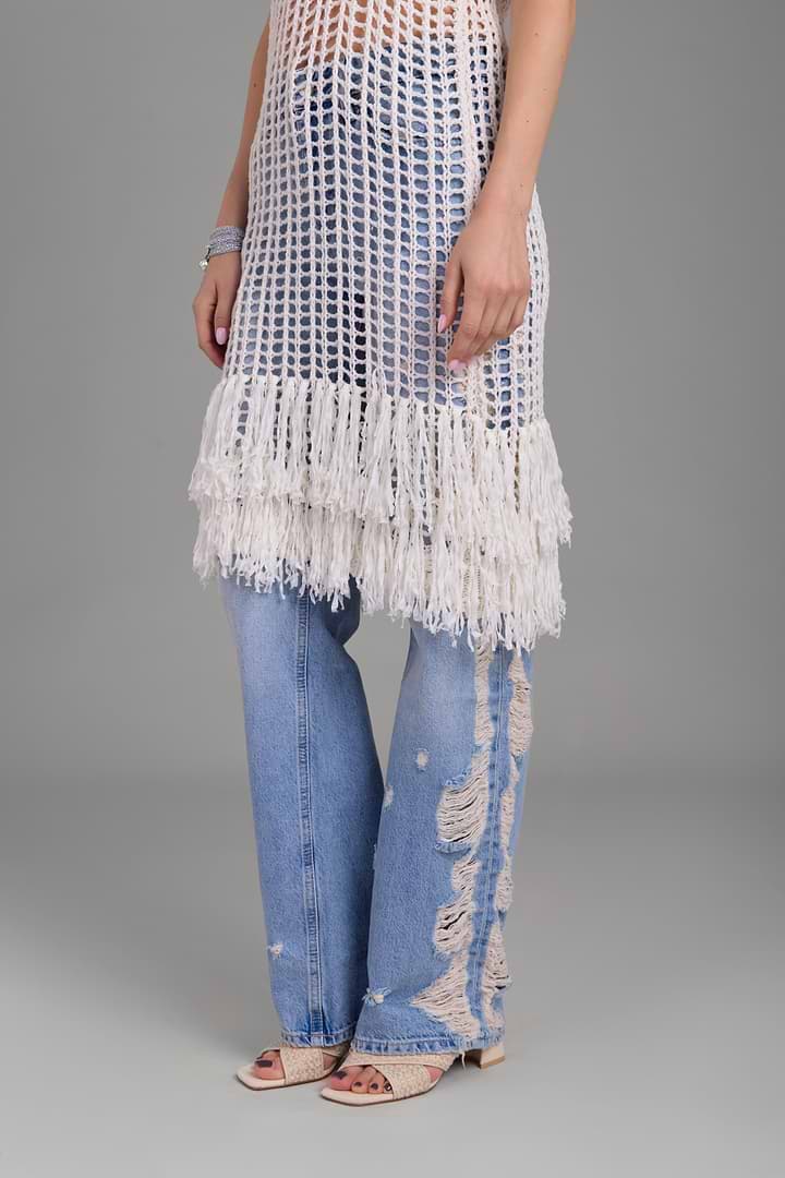 Open Knit Fringe Cover Up Beige