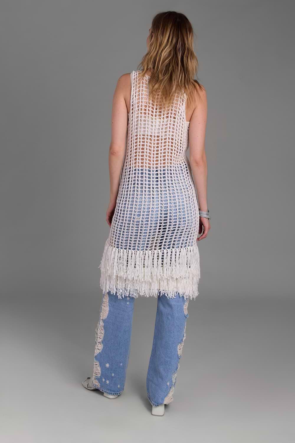 Open Knit Fringe Cover Up Beige