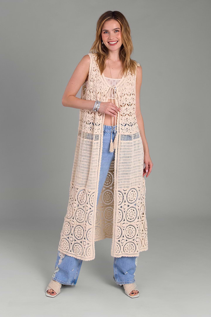 Crochet Tie Front Long Kimono - Ivory