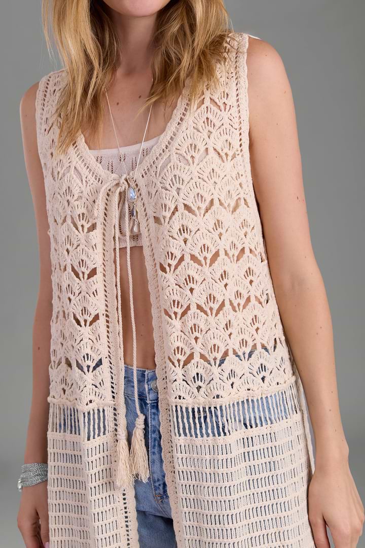 Crochet Tie Front Long Kimono - Ivory