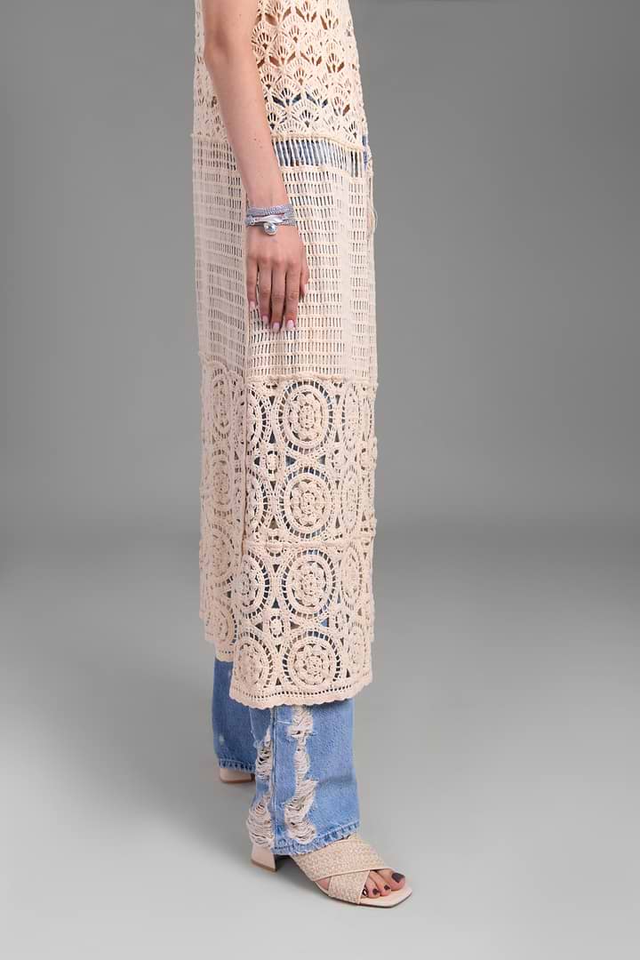 Crochet Tie Front Long Kimono - Ivory