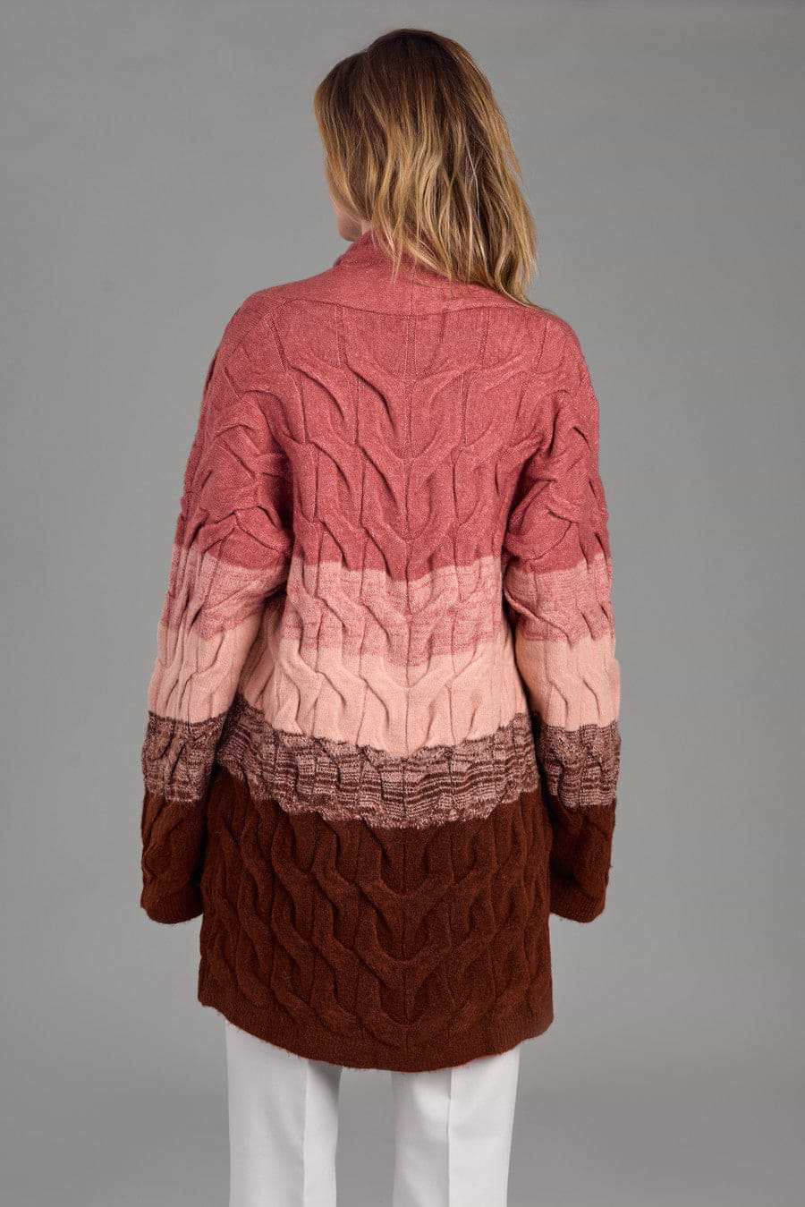 Cable Knit Color Block Cardigan - Dark Salmon