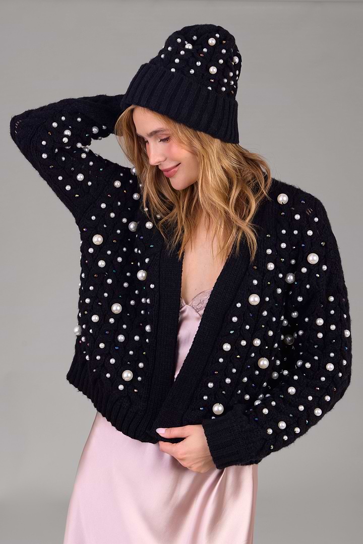 Pearl Cable Knit Beanie - Black