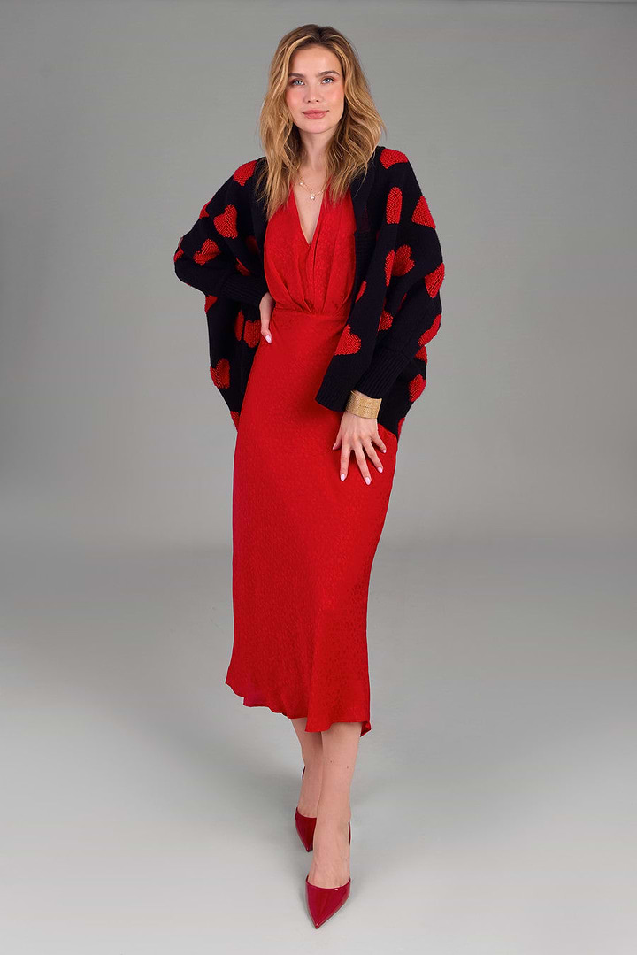 Heart Cardigan Ribbed Knit - Red & Black