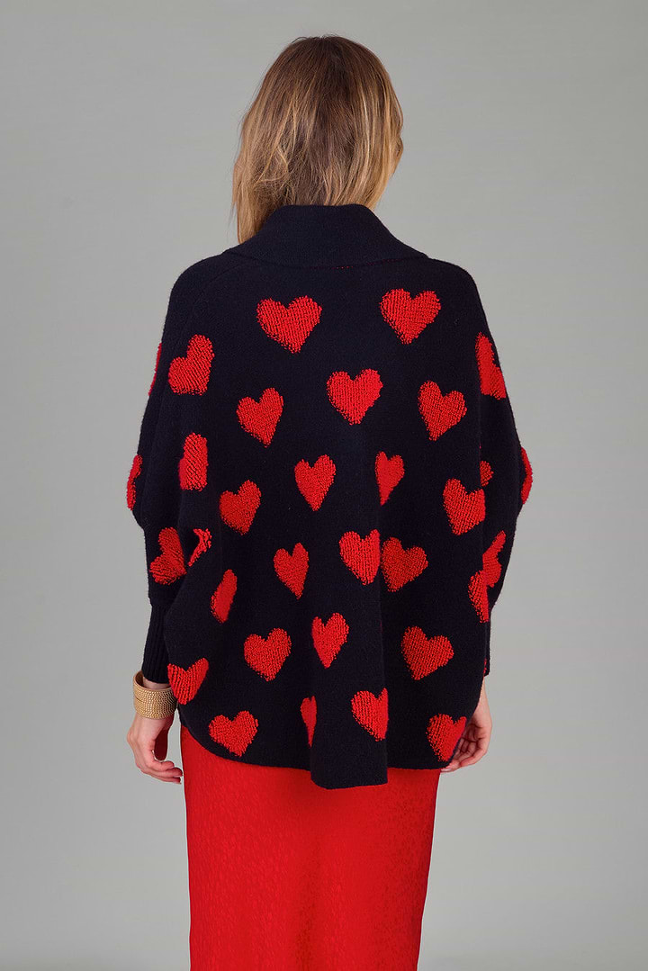 Heart Cardigan Ribbed Knit - Red & Black