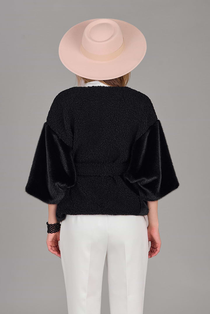 Fur Tie Front Short Kimono - Black